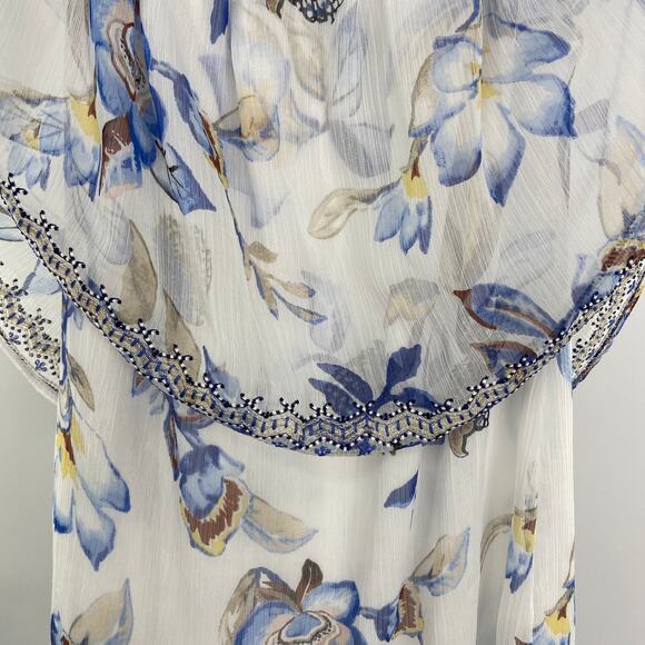WHITE HOUSE BLACK MARKET White Blue Floral Off-Shoulder Beaded Boho Top Size XXS - Picture 7 of 16